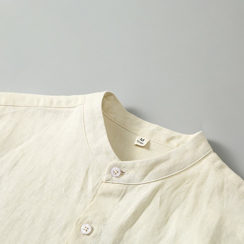Buddha Stones Conjunto de 2 piezas: Camisa de lino liso de manga corta con cuello mandarín y botones, ideal para el verano. También disponible como prenda de meditación para hombre con bolsillo. - image 13