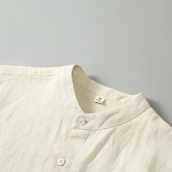 Buddha Stones Conjunto de 2 piezas: Camisa de lino liso de manga corta con cuello mandarín y botones, ideal para el verano. También disponible como prenda de meditación para hombre con bolsillo. - image 13
