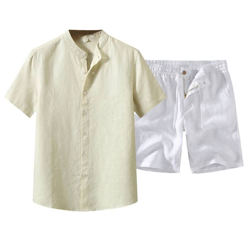 Buddha Stones Conjunto de 2 piezas: Camisa de lino liso de manga corta con cuello mandarín y botones, ideal para el verano. También disponible como prenda de meditación para hombre con bolsillo. - image 11