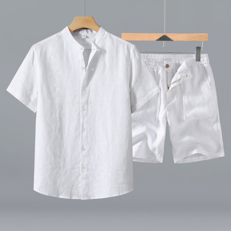 Buddha Stones Conjunto de 2 piezas: Camisa de lino liso de manga corta con cuello mandarín y botones, ideal para el verano. También disponible como prenda de meditación para hombre con bolsillo. - Camisa blanca + pantalones cortos - US/UK/AU42, EU52 (3XL) - image 18