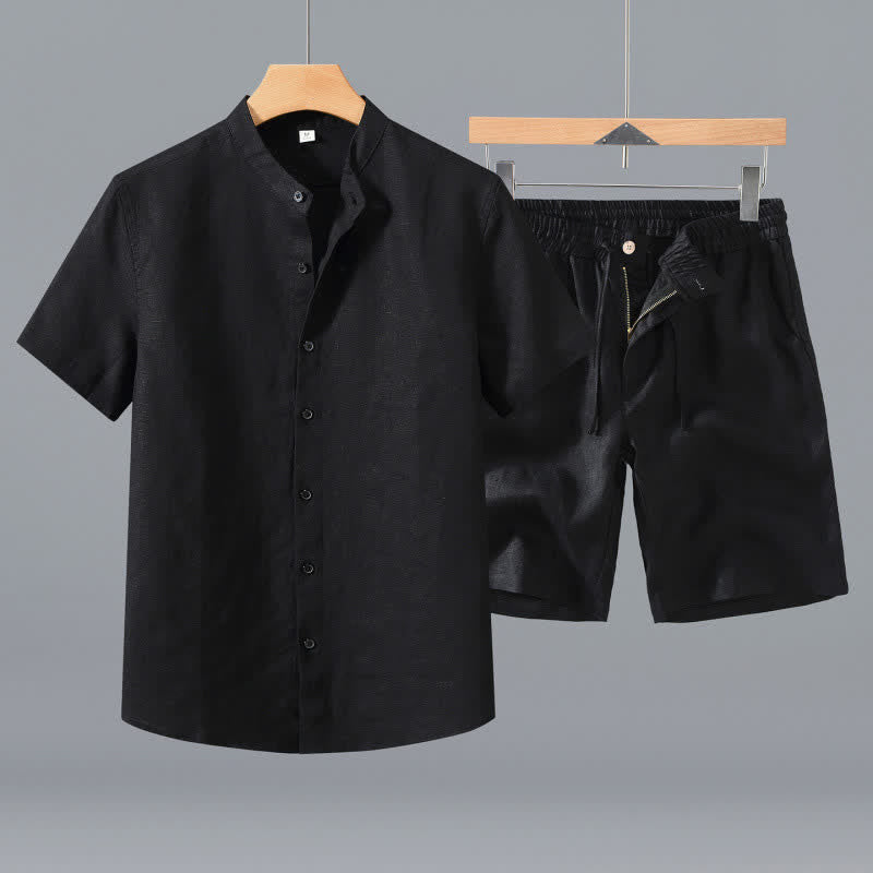 Buddha Stones Conjunto de 2 piezas: Camisa de lino liso de manga corta con cuello mandarín y botones, ideal para el verano. También disponible como prenda de meditación para hombre con bolsillo. - Camisa negra + pantalones cortos - US/UK/AU42, EU52 (3XL) - image 8