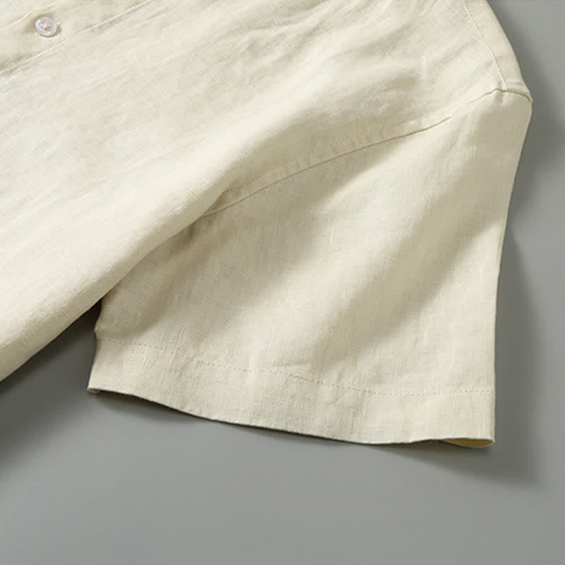 Buddha Stones Conjunto de 2 piezas: Camisa de lino liso de manga corta con cuello mandarín y botones, ideal para el verano. También disponible como prenda de meditación para hombre con bolsillo. - image 15