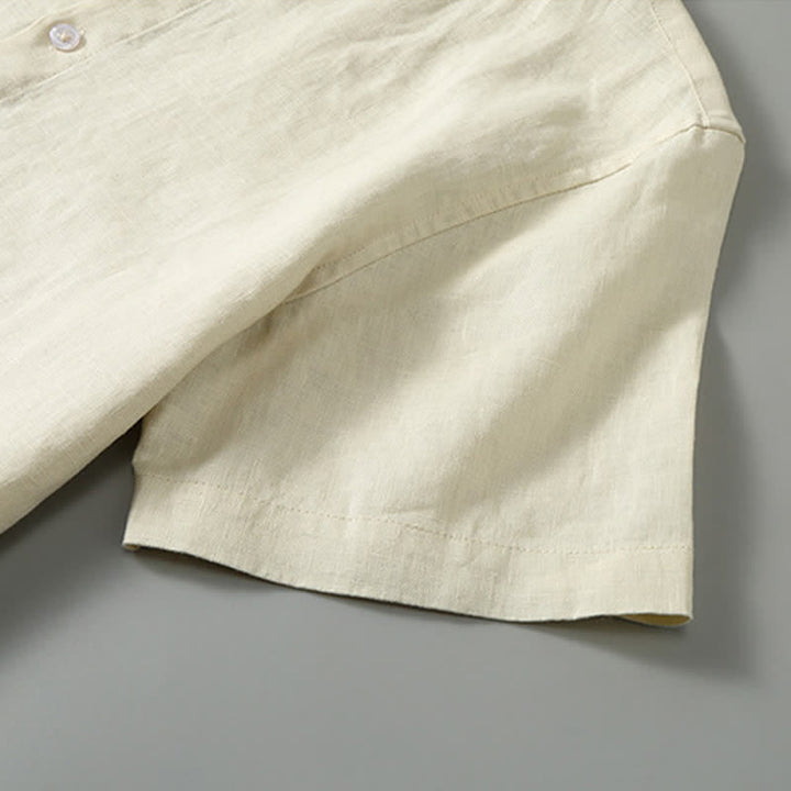 Buddha Stones Conjunto de 2 piezas: Camisa de lino liso de manga corta con cuello mandarín y botones, ideal para el verano. También disponible como prenda de meditación para hombre con bolsillo. - image 15