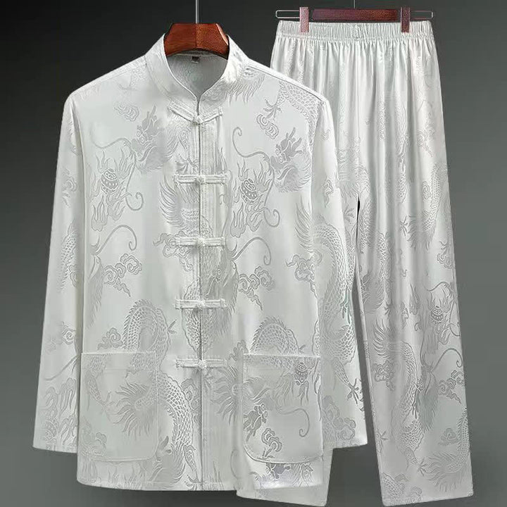 Conjunto de 2 piezas de camisa y pantalones de manga larga con botones de rana y dragón para hombre con Buddha Stones - Blanco - US/UK/AU42, EU52 (3XL) - image 16