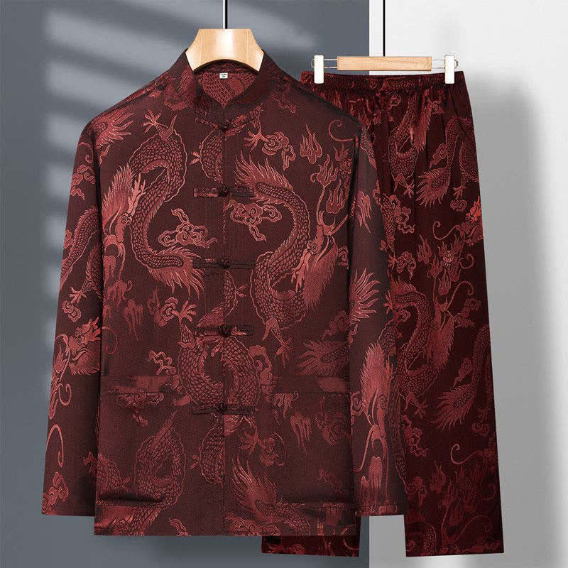 Conjunto de 2 piezas de camisa y pantalones de manga larga con botones de rana y dragón para hombre con Buddha Stones - Marrón - US/UK/AU42, EU52 (3XL) - image 14