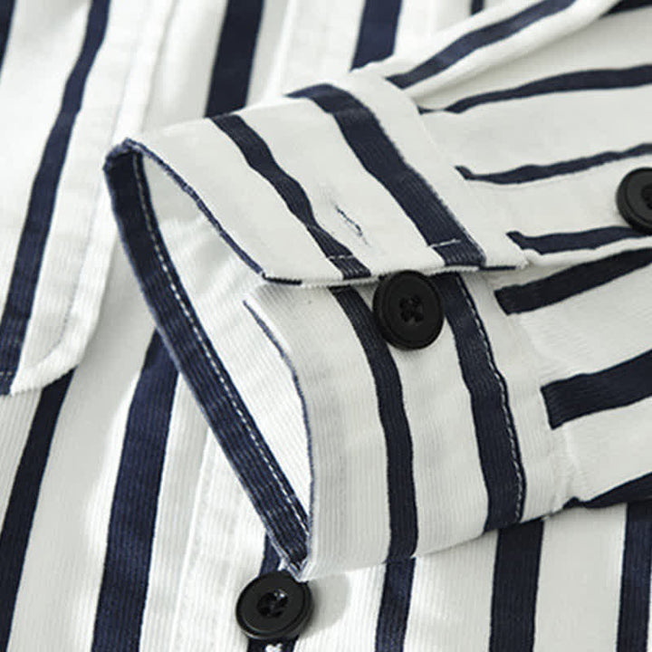 Buddha Stones Camisa de manga larga a rayas para hombre, estilo casual de primavera, con botones y bolsillo. - image 7
