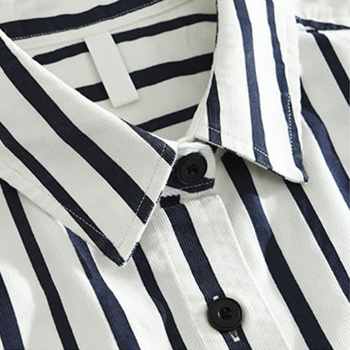 Buddha Stones Camisa de manga larga a rayas para hombre, estilo casual de primavera, con botones y bolsillo. - image 3