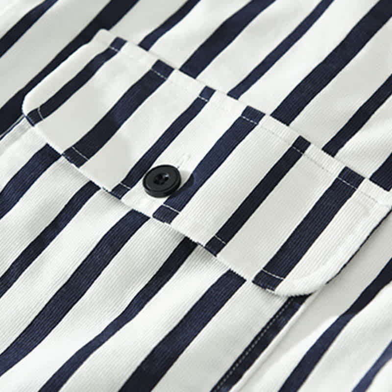 Buddha Stones Camisa de manga larga a rayas para hombre, estilo casual de primavera, con botones y bolsillo. - image 4