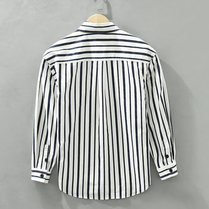 Buddha Stones Camisa de manga larga a rayas para hombre, estilo casual de primavera, con botones y bolsillo. - image 1