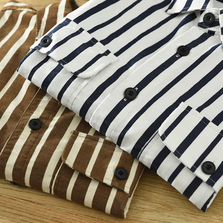 Buddha Stones Camisa de manga larga a rayas para hombre, estilo casual de primavera, con botones y bolsillo. - image 16