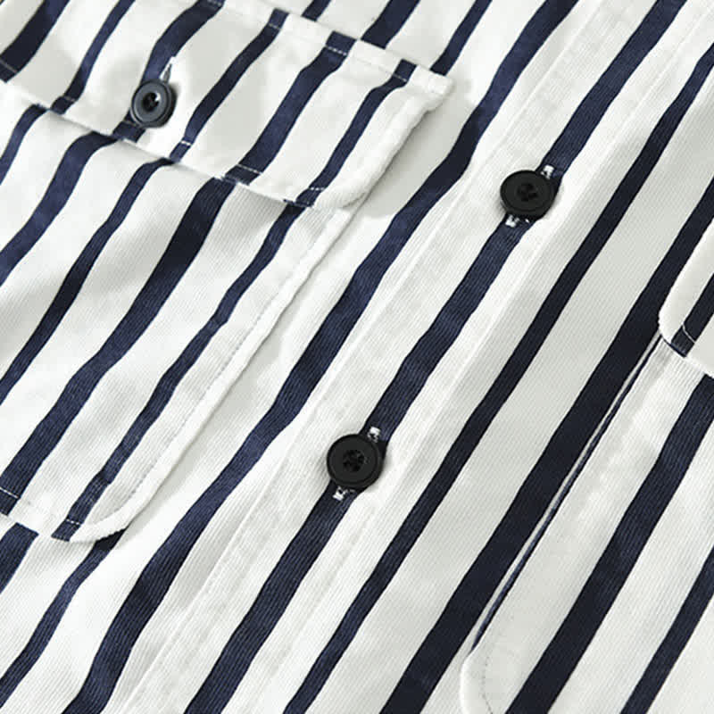 Buddha Stones Camisa de manga larga a rayas para hombre, estilo casual de primavera, con botones y bolsillo. - image 6