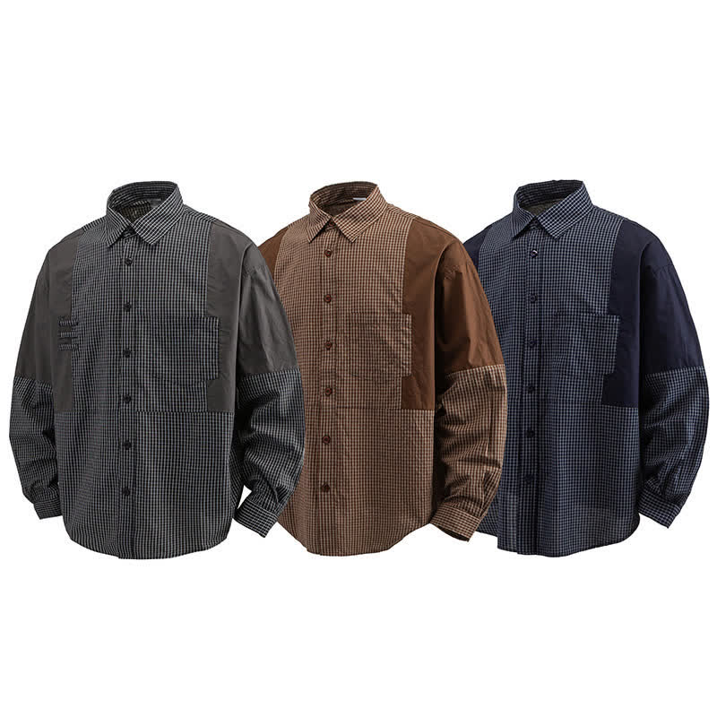 Buddha Stones Camisas de manga larga a cuadros con botones para hombre, estilo vintage, para primavera y otoño, con bolsillo. - image 21