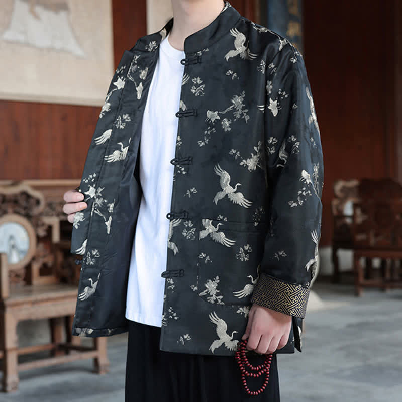 Buddha Stones Chaquetas de hombre estilo Tang vintage con cuello mandarín y estampado de grullas, ideales para otoño e invierno. - image 5