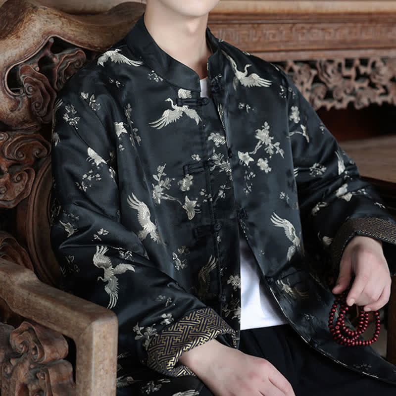 Buddha Stones Chaquetas de hombre estilo Tang vintage con cuello mandarín y estampado de grullas, ideales para otoño e invierno. - image 7