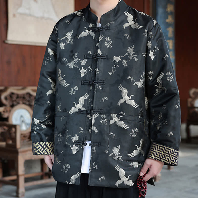 Buddha Stones Chaquetas de hombre estilo Tang vintage con cuello mandarín y estampado de grullas, ideales para otoño e invierno. - Grullas de corona roja - US/UK/AU46, EU56 (5XL) - image 0