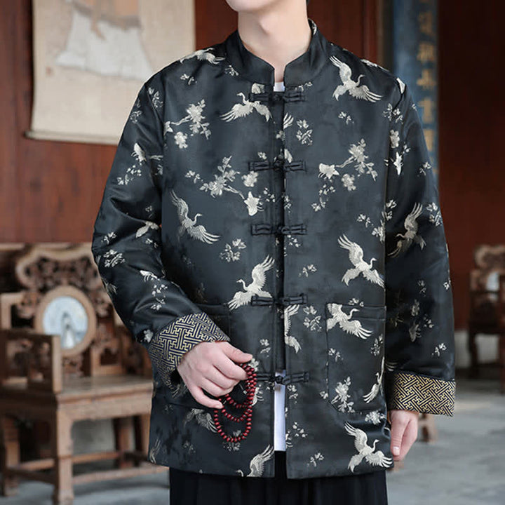 Buddha Stones Chaquetas de hombre estilo Tang vintage con cuello mandarín y estampado de grullas, ideales para otoño e invierno. - image 1