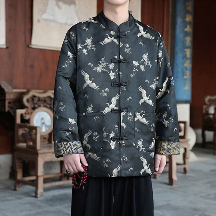 Buddha Stones Chaquetas de hombre estilo Tang vintage con cuello mandarín y estampado de grullas, ideales para otoño e invierno. - image 2