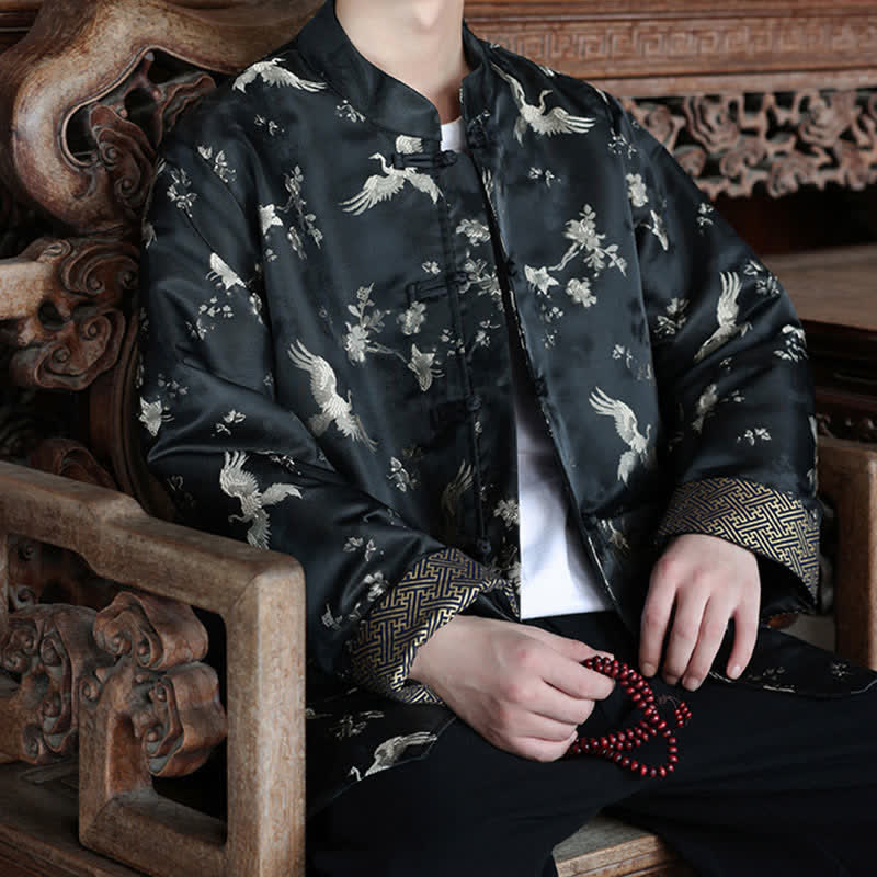 Buddha Stones Chaquetas de hombre estilo Tang vintage con cuello mandarín y estampado de grullas, ideales para otoño e invierno. - image 8
