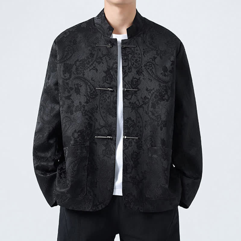 Buddha Stones Chaquetas de hombre de estilo Tang vintage con cuello mandarín, botones de rana y estampado floral, ideales para otoño e invierno. - Negro - US/UK/AU46, EU56 (5XL) - image 0
