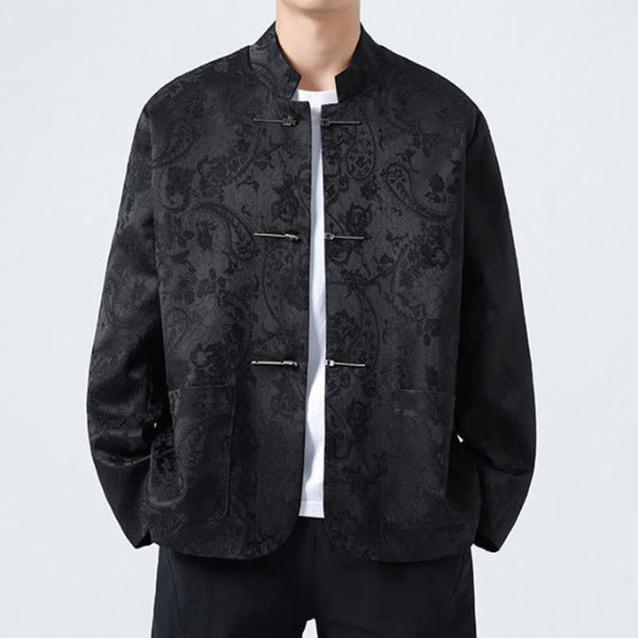 Buddha Stones Chaquetas de hombre de estilo Tang vintage con cuello mandarín, botones de rana y estampado floral, ideales para otoño e invierno. - Negro - US/UK/AU46, EU56 (5XL) - image 0