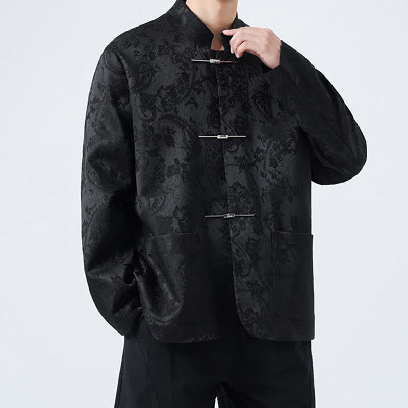 Buddha Stones Chaquetas de hombre de estilo Tang vintage con cuello mandarín, botones de rana y estampado floral, ideales para otoño e invierno. - image 1