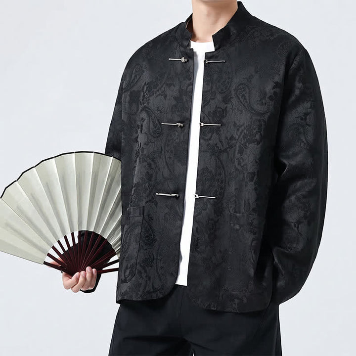 Buddha Stones Chaquetas de hombre de estilo Tang vintage con cuello mandarín, botones de rana y estampado floral, ideales para otoño e invierno. - image 3
