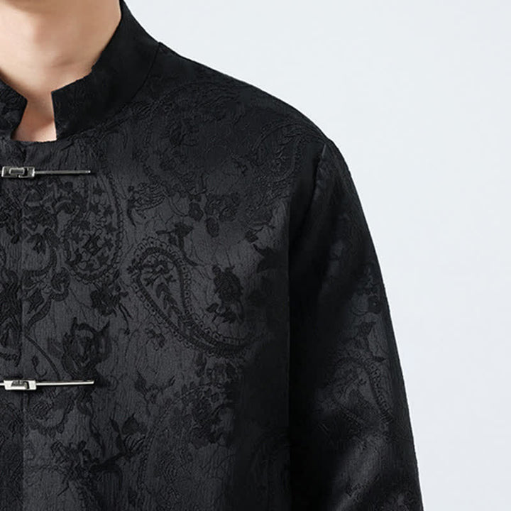 Buddha Stones Chaquetas de hombre de estilo Tang vintage con cuello mandarín, botones de rana y estampado floral, ideales para otoño e invierno. - image 5
