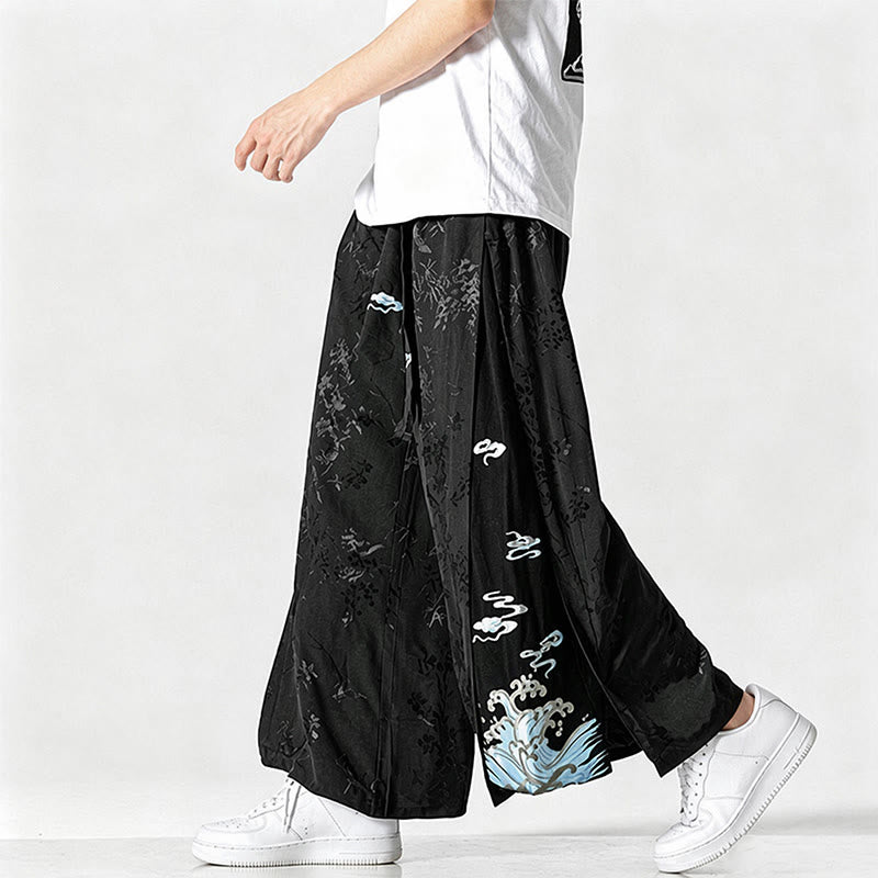 Buddha Stones Pantalones cortos de pierna ancha para hombre con cordón ajustable y bordado abstracto, estilo Tang, ideales para primavera y verano. - image 4