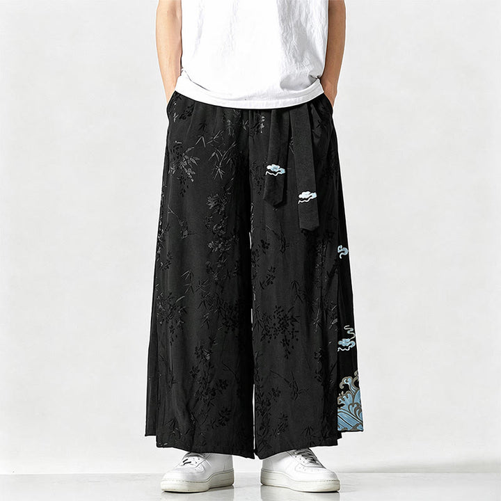 Buddha Stones Pantalones cortos de pierna ancha para hombre con cordón ajustable y bordado abstracto, estilo Tang, ideales para primavera y verano. - image 1