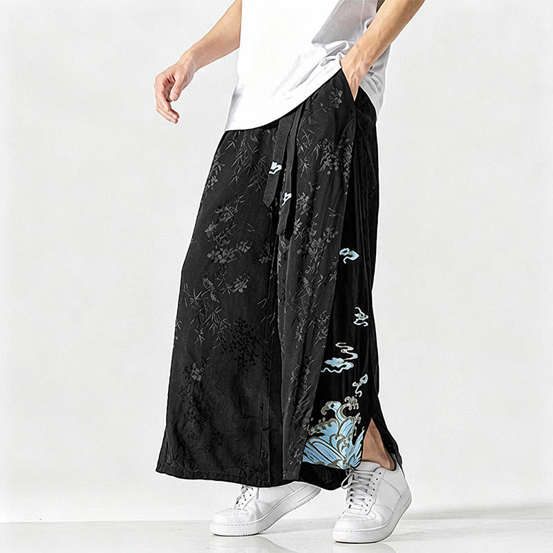 Buddha Stones Pantalones cortos de pierna ancha para hombre con cordón ajustable y bordado abstracto, estilo Tang, ideales para primavera y verano. - image 6