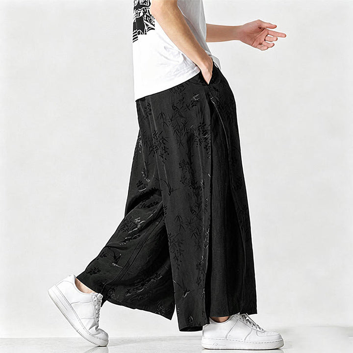 Buddha Stones Pantalones cortos de pierna ancha para hombre con cordón ajustable y bordado abstracto, estilo Tang, ideales para primavera y verano. - image 3