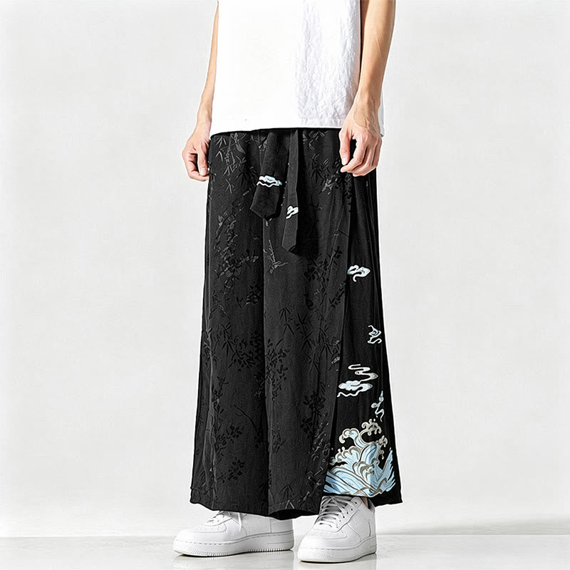 Buddha Stones Pantalones cortos de pierna ancha para hombre con cordón ajustable y bordado abstracto, estilo Tang, ideales para primavera y verano. - image 5