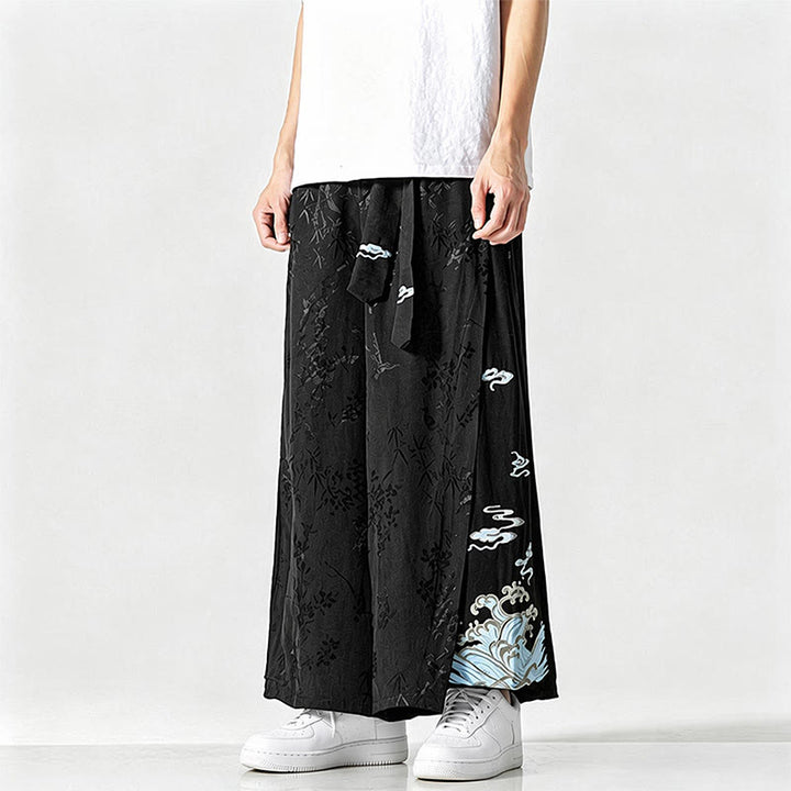 Buddha Stones Pantalones cortos de pierna ancha para hombre con cordón ajustable y bordado abstracto, estilo Tang, ideales para primavera y verano. - image 5