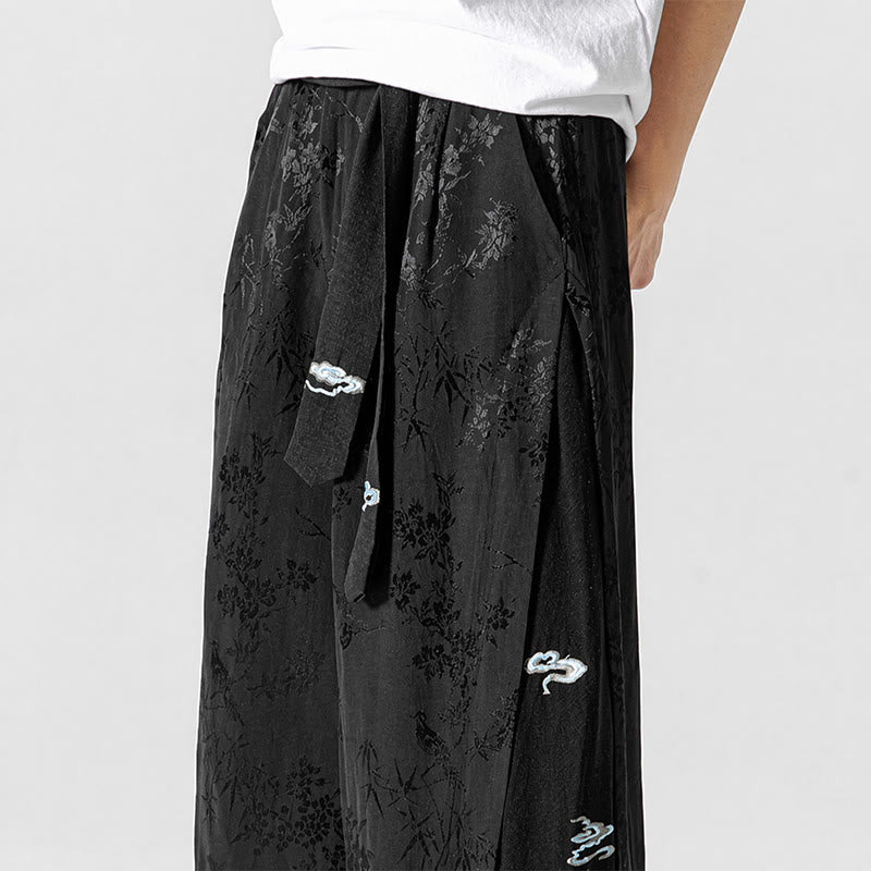 Buddha Stones Pantalones cortos de pierna ancha para hombre con cordón ajustable y bordado abstracto, estilo Tang, ideales para primavera y verano. - image 8