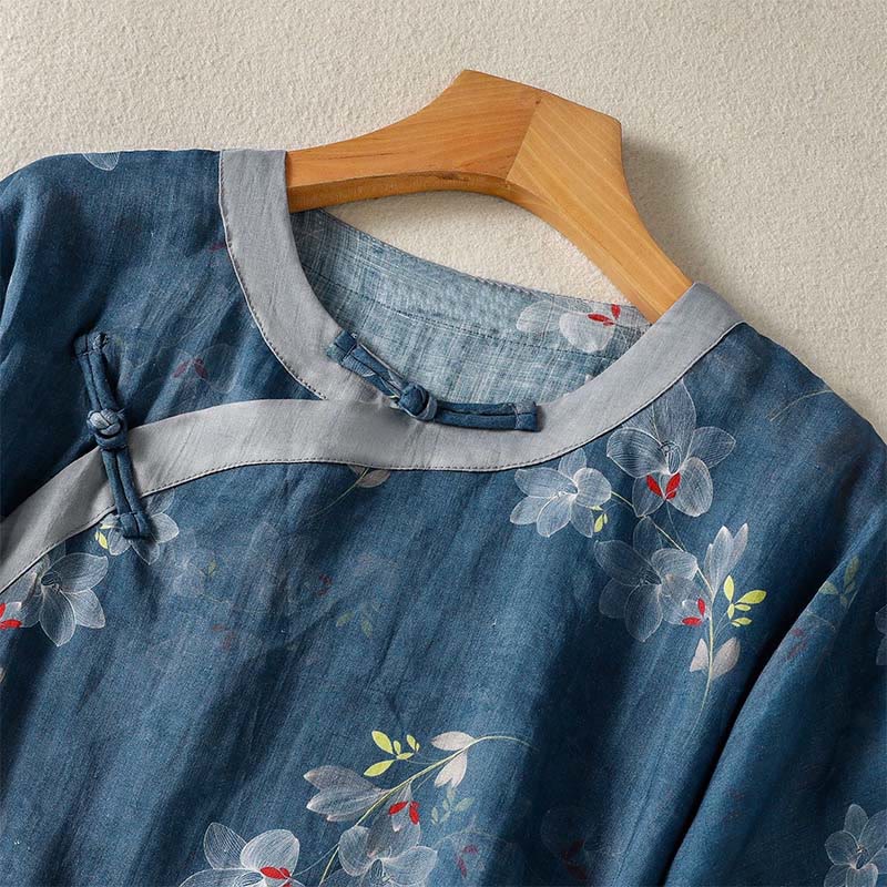 Buddha Stones Camisas de manga tres cuartos para mujer, estilo Tang vintage, con botones de rana y estampado floral, de algodón y lino, ideales para primavera y verano. - image 3