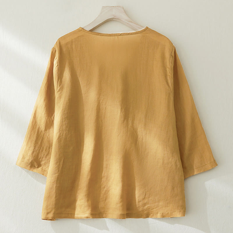 Camisa casual de manga tres cuartos para mujer con bordado de plantas y diseño de Buddha Stones. - image 14