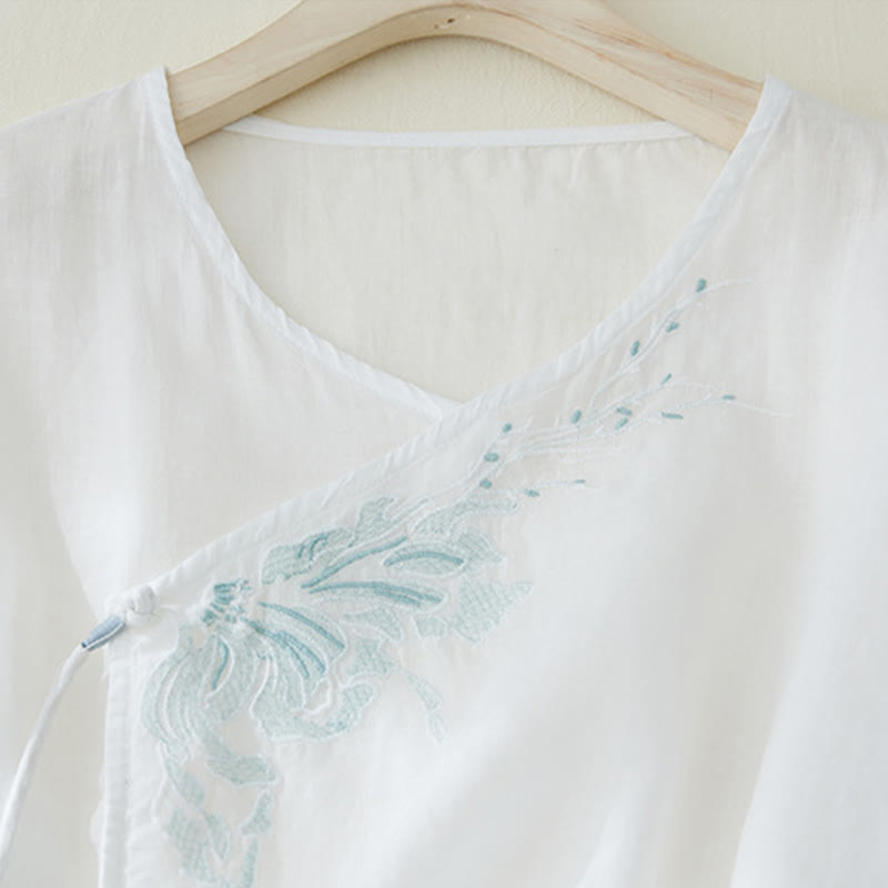 Camisa casual de manga tres cuartos para mujer con bordado de plantas y diseño de Buddha Stones. - image 9