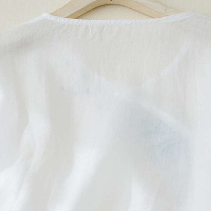 Camisa casual de manga tres cuartos para mujer con bordado de plantas y diseño de Buddha Stones. - image 10