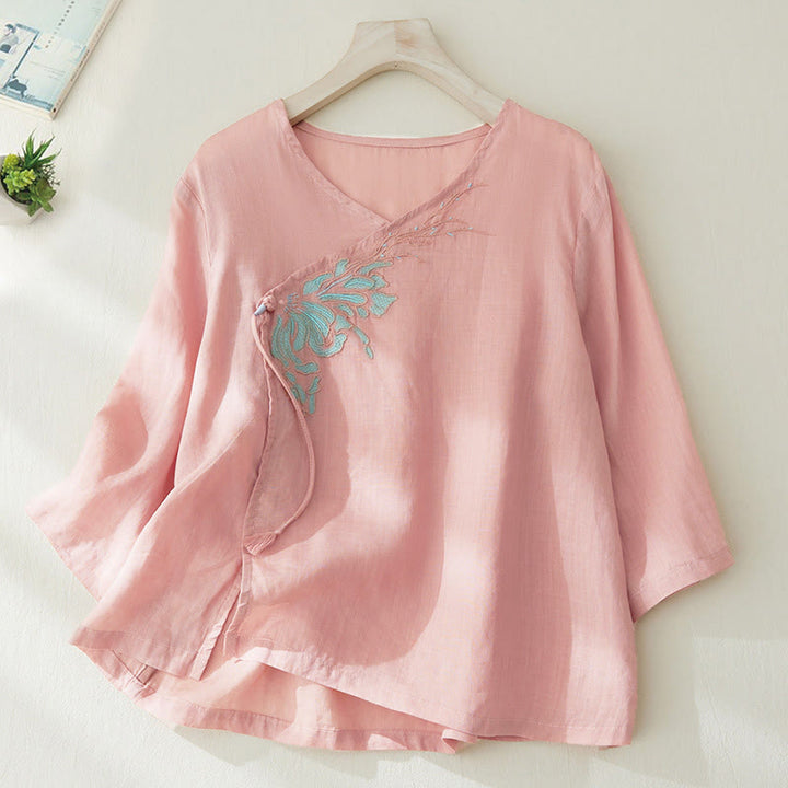 Camisa casual de manga tres cuartos para mujer con bordado de plantas y diseño de Buddha Stones. - Rosa Misty - US8-10，UK/AU12-14，EU40-42 (2XL) - image 0