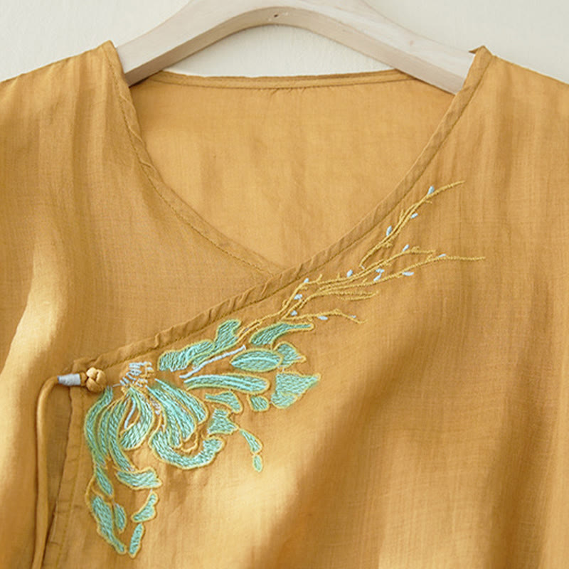 Camisa casual de manga tres cuartos para mujer con bordado de plantas y diseño de Buddha Stones. - image 15
