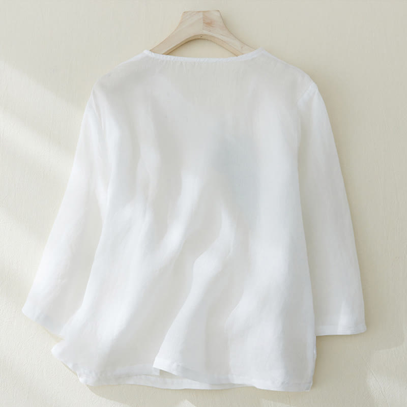 Camisa casual de manga tres cuartos para mujer con bordado de plantas y diseño de Buddha Stones. - image 8