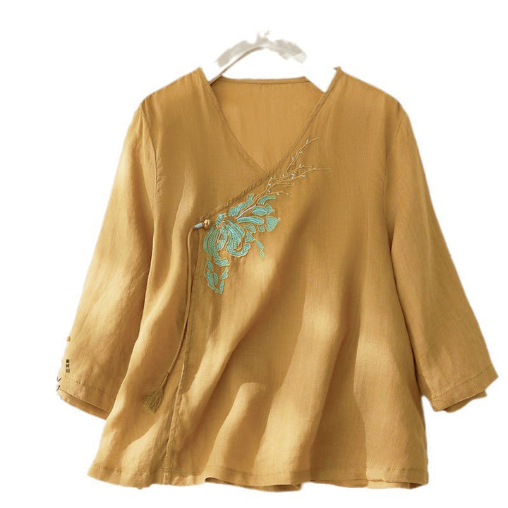 Camisa casual de manga tres cuartos para mujer con bordado de plantas y diseño de Buddha Stones. - vara de oro - US8-10，UK/AU12-14，EU40-42 (2XL) - image 13