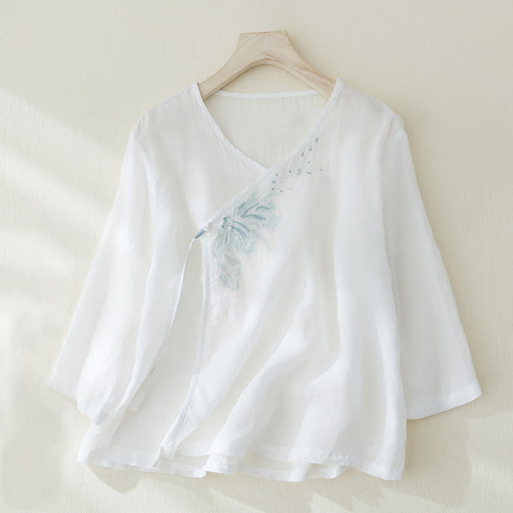 Camisa casual de manga tres cuartos para mujer con bordado de plantas y diseño de Buddha Stones. - Blanco - US8-10，UK/AU12-14，EU40-42 (2XL) - image 7