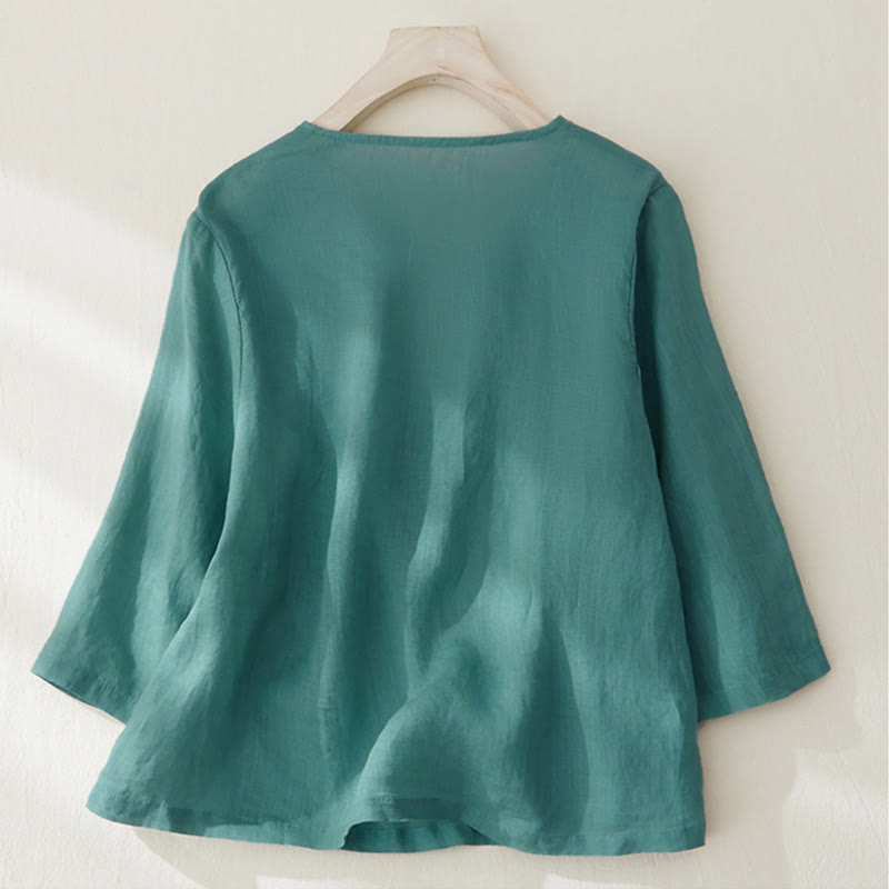 Camisa casual de manga tres cuartos para mujer con bordado de plantas y diseño de Buddha Stones. - image 21