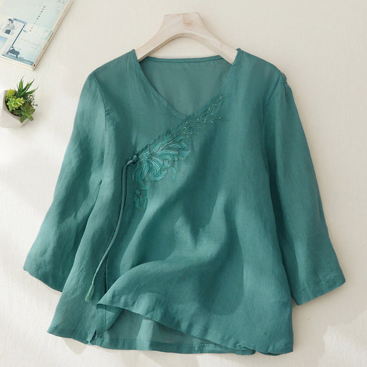 Camisa casual de manga tres cuartos para mujer con bordado de plantas y diseño de Buddha Stones. - Verde mar claro - US8-10，UK/AU12-14，EU40-42 (2XL) - image 20