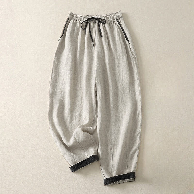 Pantalones harem de mujer con cordón ajustable, color liso, estampado Buddha Stones, estilo casual de verano, para mujer, con bolsillos. - Lino - US8-10，UK/AU12-14，EU40-42 (2XL) - image 0