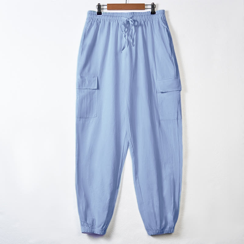 Pantalones cargo de lino con cordón y bolsillos para hombre, de color liso, con Buddha Stones - Azul cielo claro - US/UK/AU46, UE 56 (3XL) - image 9