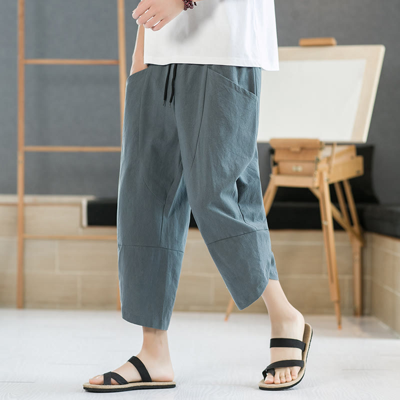 Pantalones de verano para hombre Buddha Stones, color liso, largo 7-8, con cordón ajustable y bolsillos. - Azul cadete - US/UK/AU44, UE 54 (5XL) - image 0
