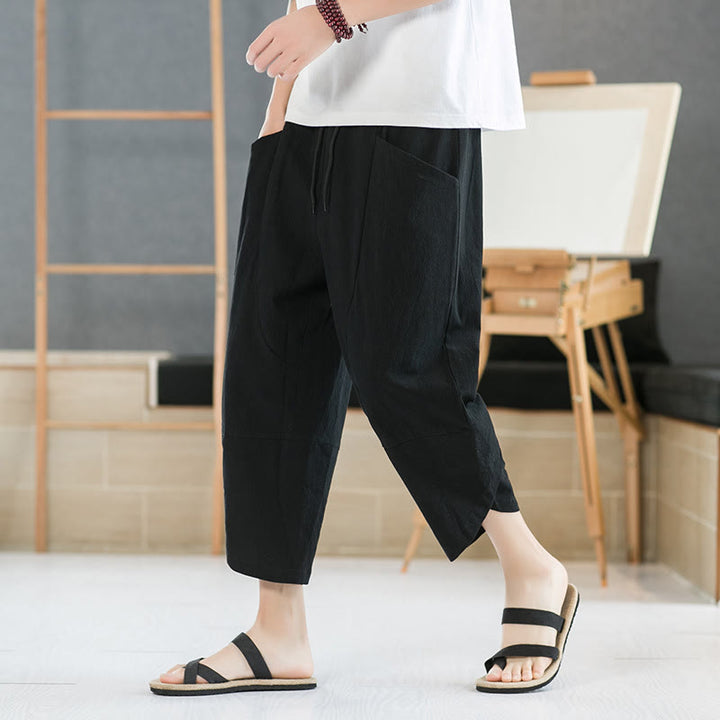 Pantalones de verano para hombre Buddha Stones, color liso, largo 7-8, con cordón ajustable y bolsillos. - Negro - US/UK/AU46, EU56 (5XL) - image 6