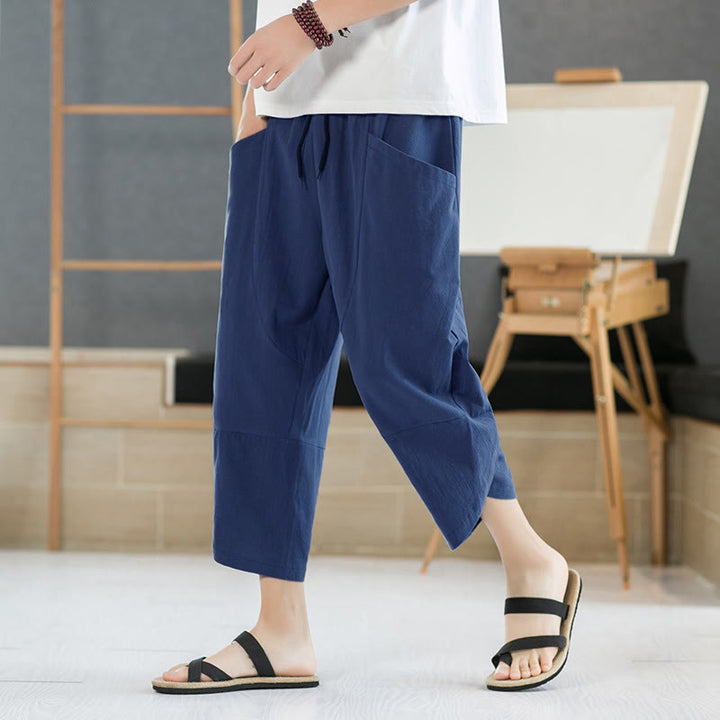 Pantalones de verano para hombre Buddha Stones, color liso, largo 7-8, con cordón ajustable y bolsillos. - Azul acero - US/UK/AU46, EU56 (5XL) - image 21